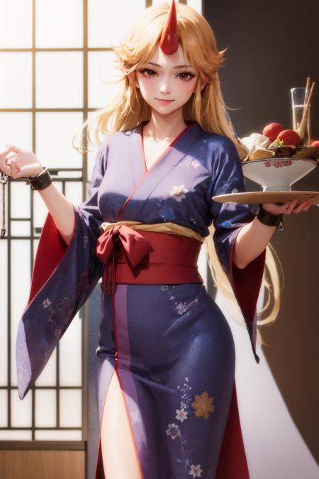 00082-3216514172-(masterpiece, best quality_1.2), , cowboy shot, solo, 1girl, hoshiguma yuugi, smile, looking at viewer, holding tray, japanese c.jpg